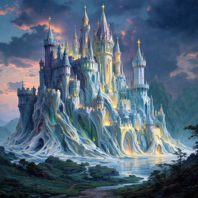 Primary subject: A large, intricate, and colorful castle with a moat.

Setting/background: The castle is situated on a hill, overlooking a body of water. The sky is dark, creating a dramatic atmosphere.

Visual style: The image is a digital art or illustration, featuring a detailed and vibrant castle.

Colors and mood: The castle is predominantly white, with a few other colors adding depth and detail. The overall atmosphere is grand and majestic, with